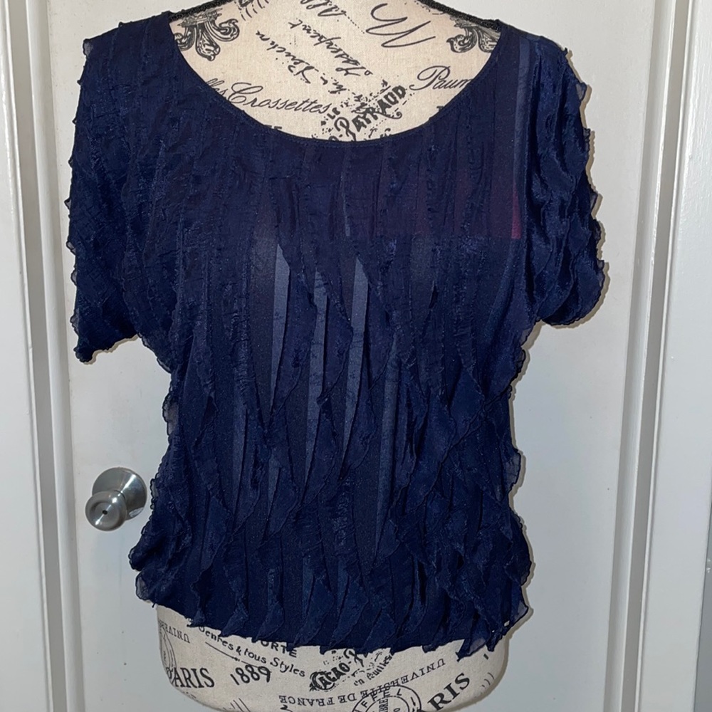 Beautiful Sunny Leigh Navy Blouse- short sleeve- beautiful design- see video NWT
